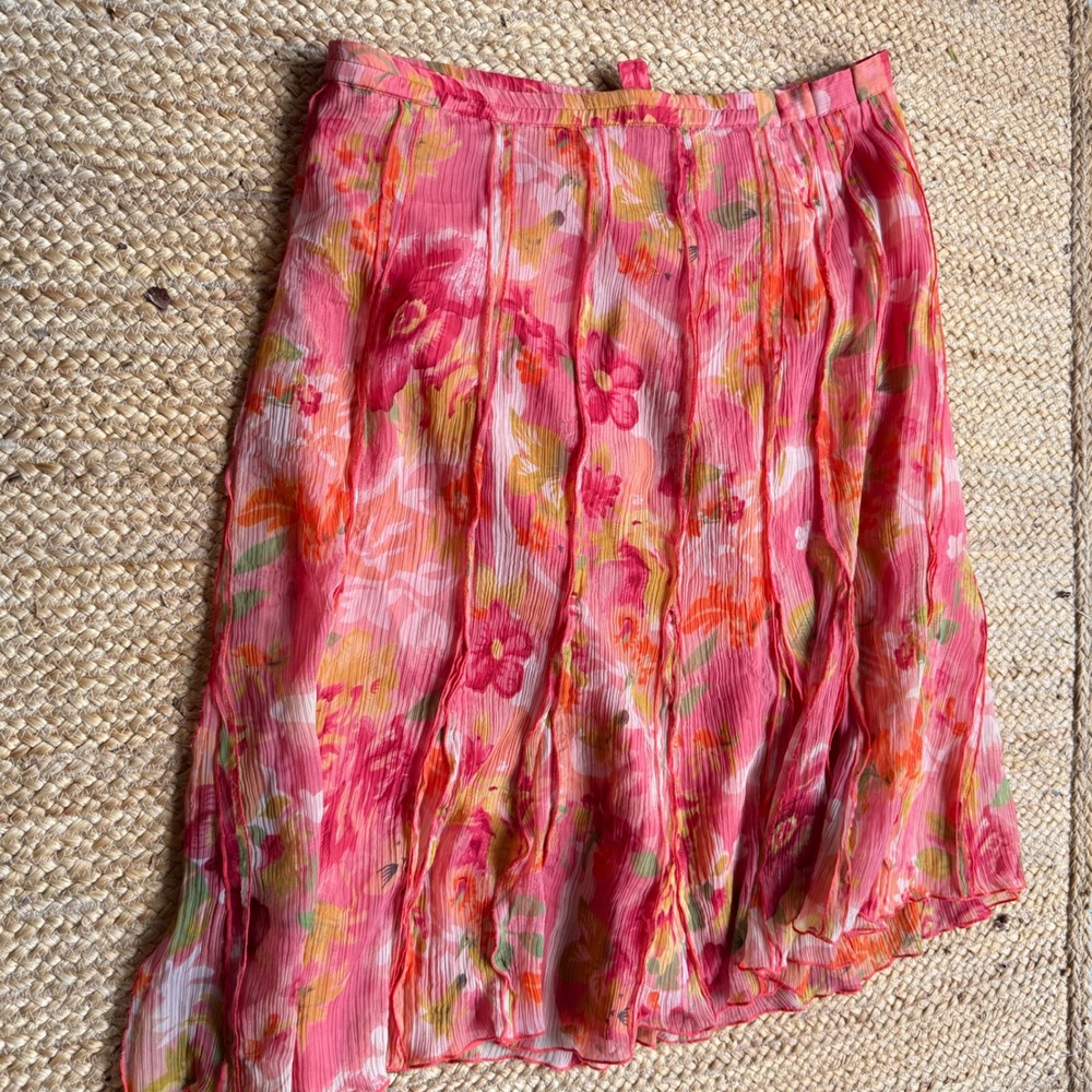Coldwater Creek Pink Floral Chiffon Midi Skirt Size 2X Lettuce Edge Trim